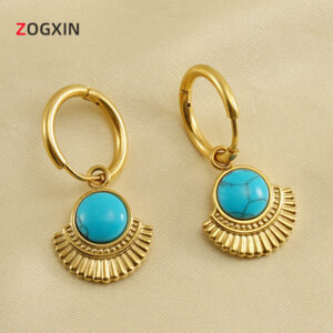 Pendientes de turquesa para mujer, estilo retro y elegante, bañados en 18K, acero titanio, diseño en forma de abanico