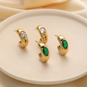 Pendientes en forma de C para mujer, diseño exclusivo de estilo INS, con zirconia, baño de oro K, acero titanio, no se desvanecen